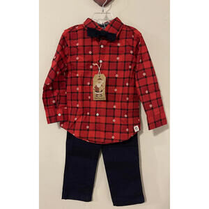Free Planet Boys Size 4 Red & Blue Button-Up Shirt, Pants, Bow Tie Set NWT!A5165